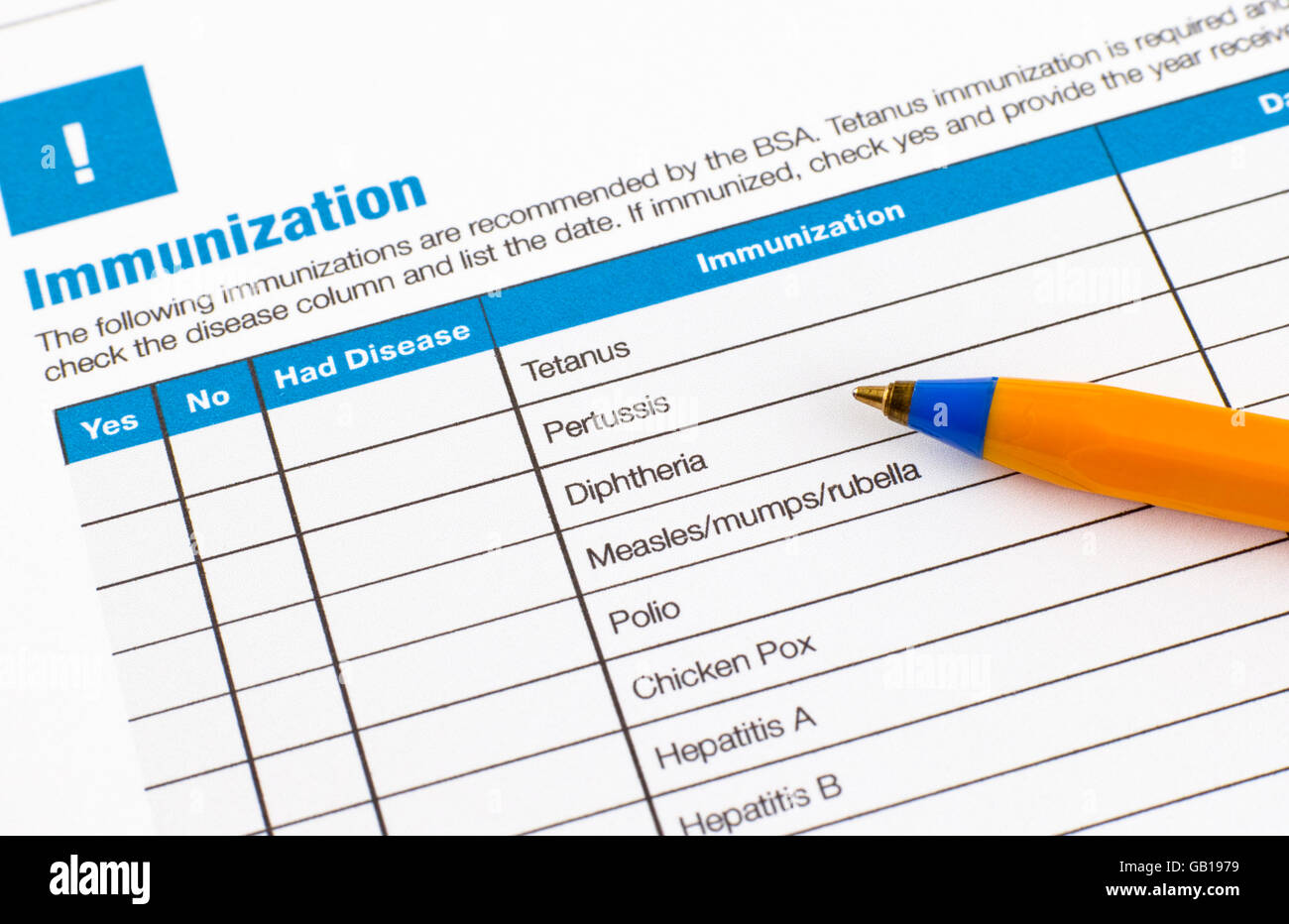 Immunity Paperwork Immunization application form and ballpoint pen Stock Photo - Alamy