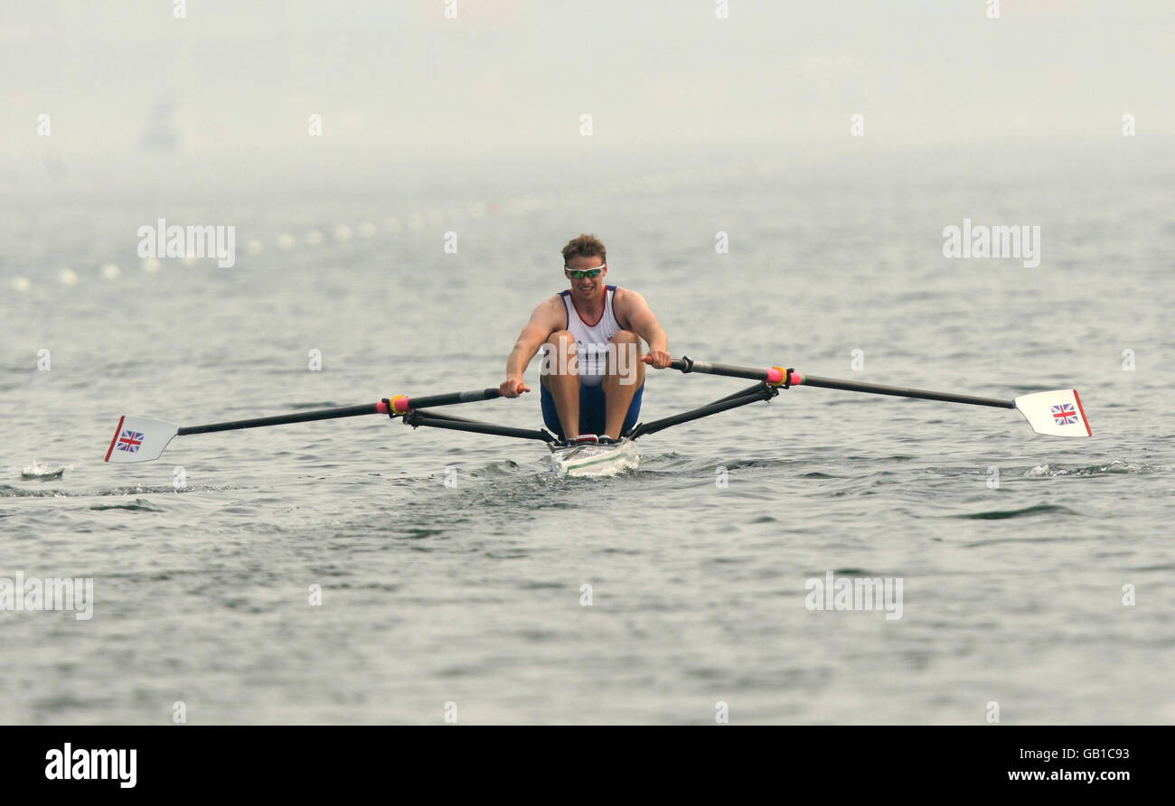 Great Britain's Alan Campbell during his men's single scull's qualification race in Beijing, China. Stock Photo