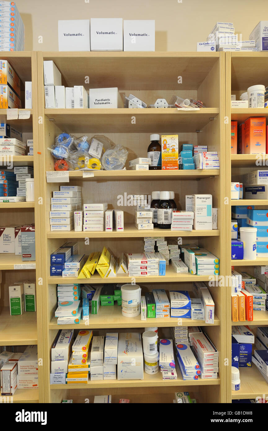 Medicine shelf in a chemists shop Stock Photo - Alamy