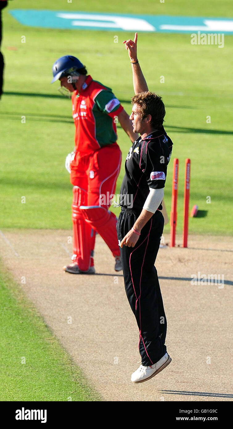 Durhams Liam Plunkett takes the wicket of Glamorgans Richard Grant 1st ball during the Twenty20 Quarter Final match at Riverside, Chester-le-Street, Durham. Stock Photo