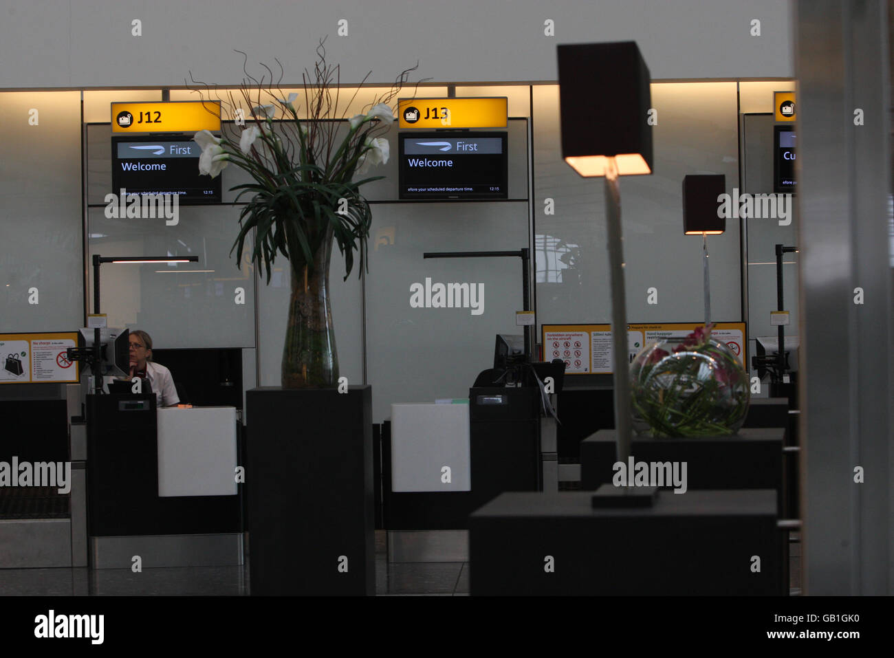 The British Airways first class check-in area in departures of Terminal 5 at London's Heathrow Airport. Stock Photo