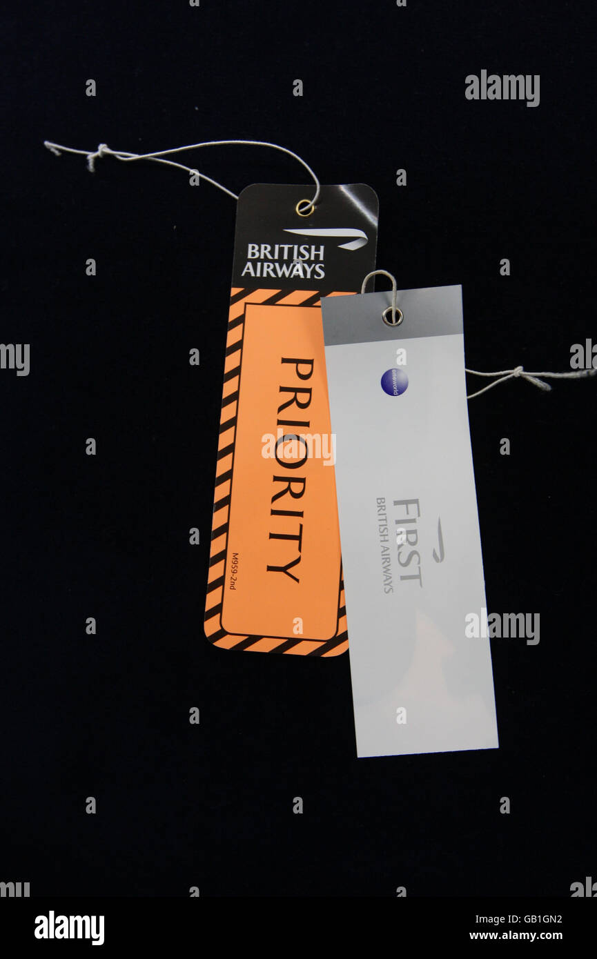 A british airways first class luggage label at heathrow airport hires