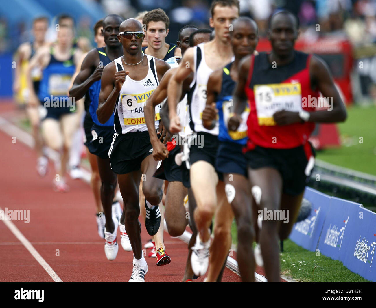 Great Britain's Mo Farah in the Men's 3000m Final (centre) during the IAAF Norwich Union London Grand Prix at Crystal Palace National Sports Centre, London. Stock Photo