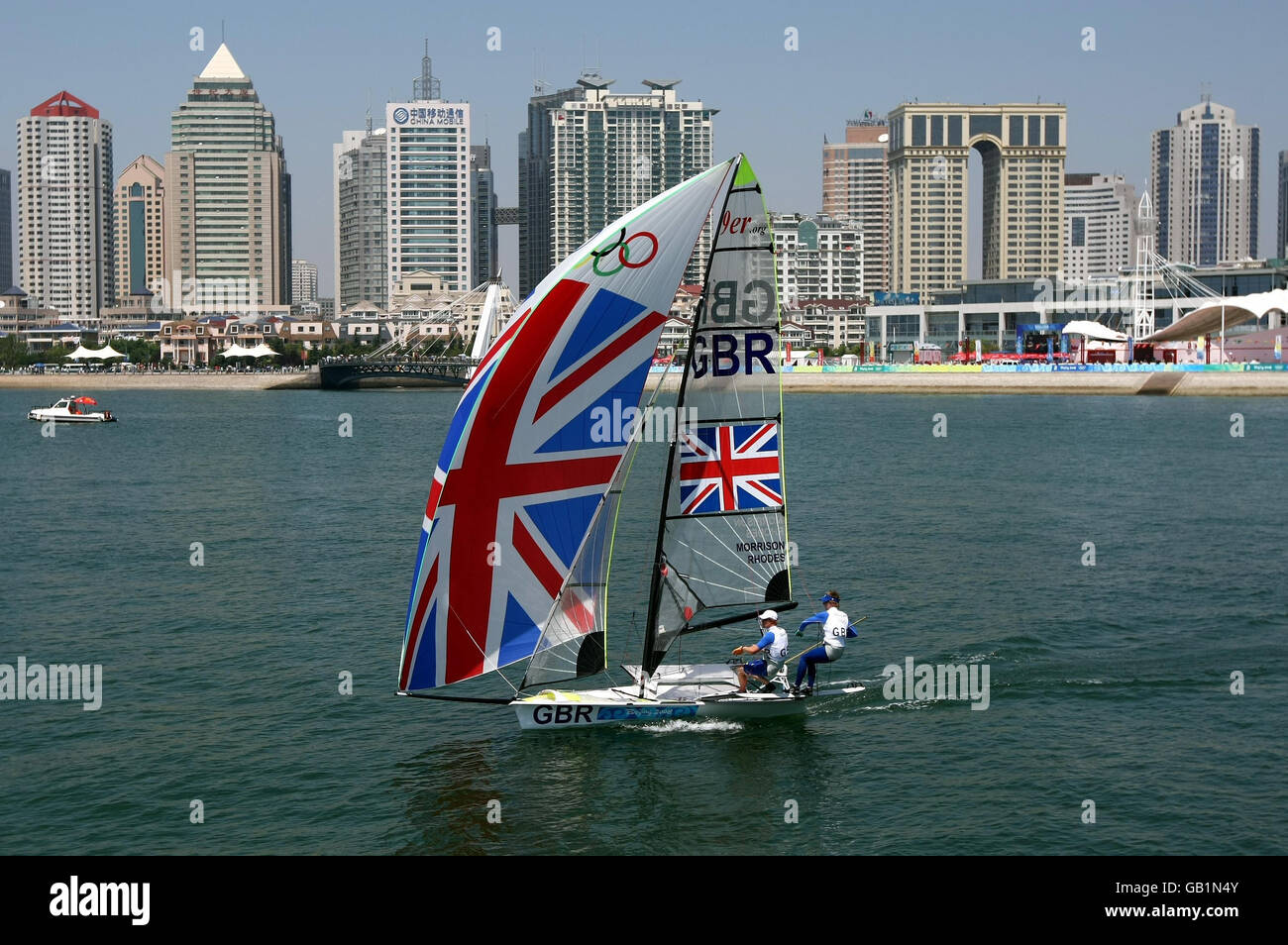 Great Britain's 49ER sailors Stevie Morrison and Ben Rhodes at the Olympic Sailing Centre in Qingdao, China. Stock Photo