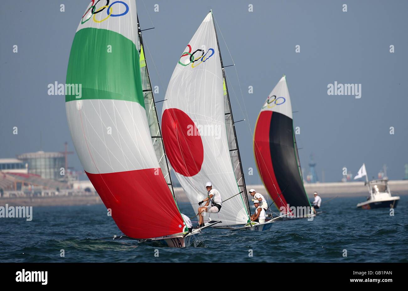 The 49er fleet racing at the 2008 Beijing Olympic Games' Sailing Centre