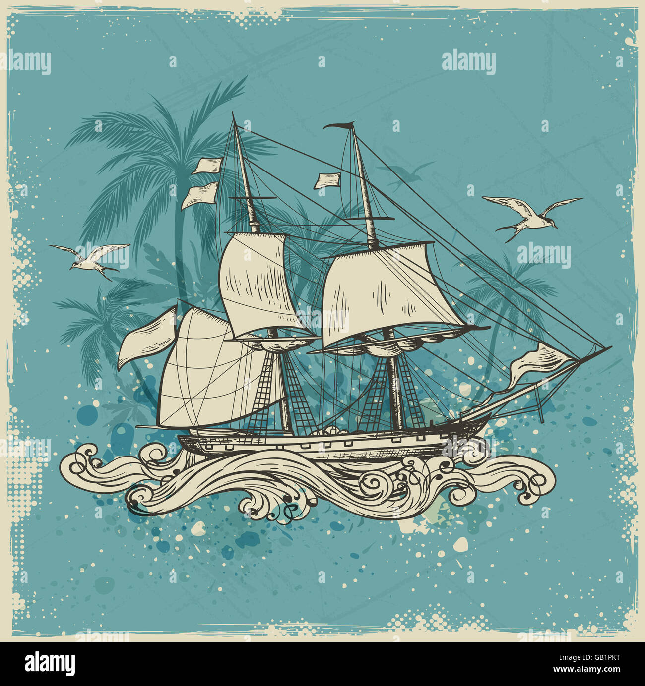 Vintage background with sailing vessel and palms Stock Photo - Alamy