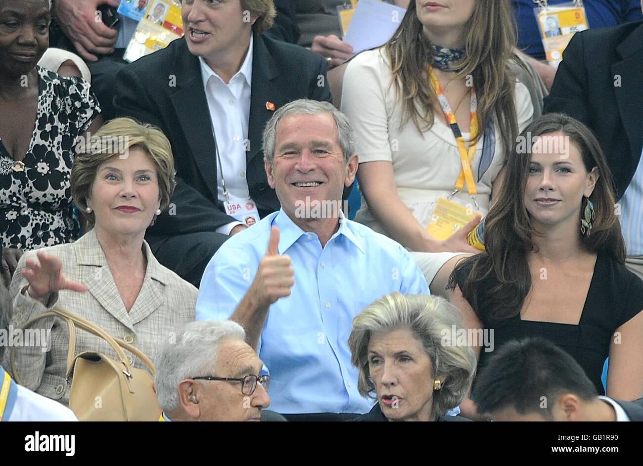 US President George Bush with his wife Laura (left) and daughter Barbara (right). Stock Photo