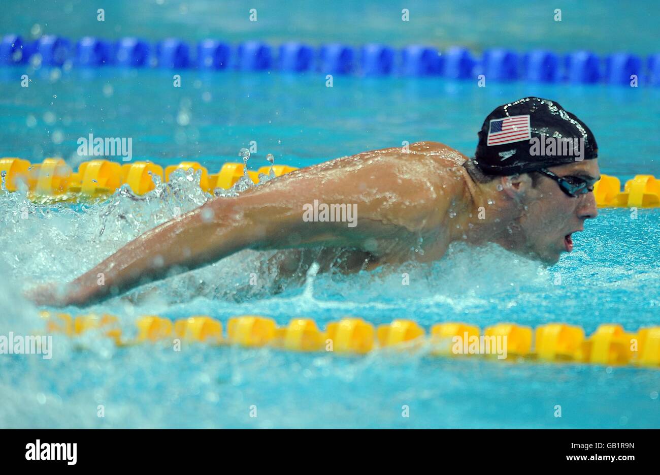 USA's Michael Phelps on his way to setting a new world record in the final of the Men's 400m Individual Medley . Stock Photo