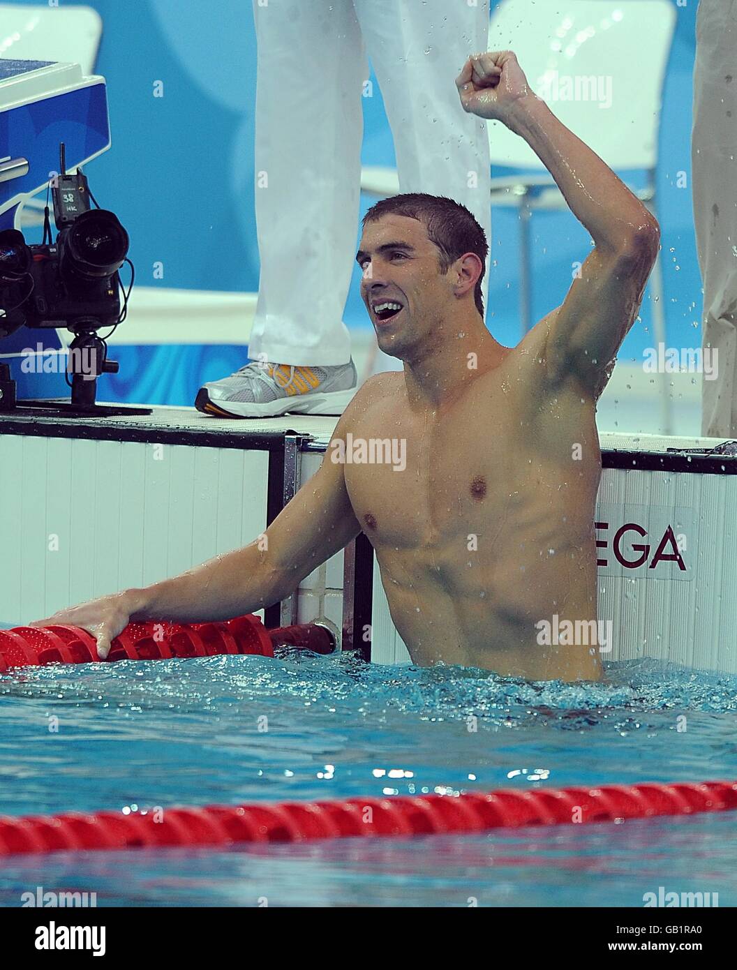 during the 2008 Olympic Games in Beijing.USA's Michael Phelps celebrates winning the Men's 400m Individual Medley Stock Photo