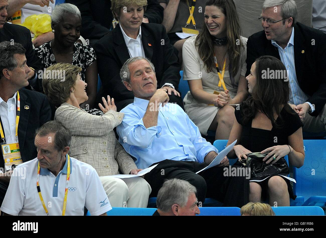 Olympics - Beijing Olympic Games 2008 - Day Two. US President George Bush with his wife Laura and daughter Barbara Stock Photo