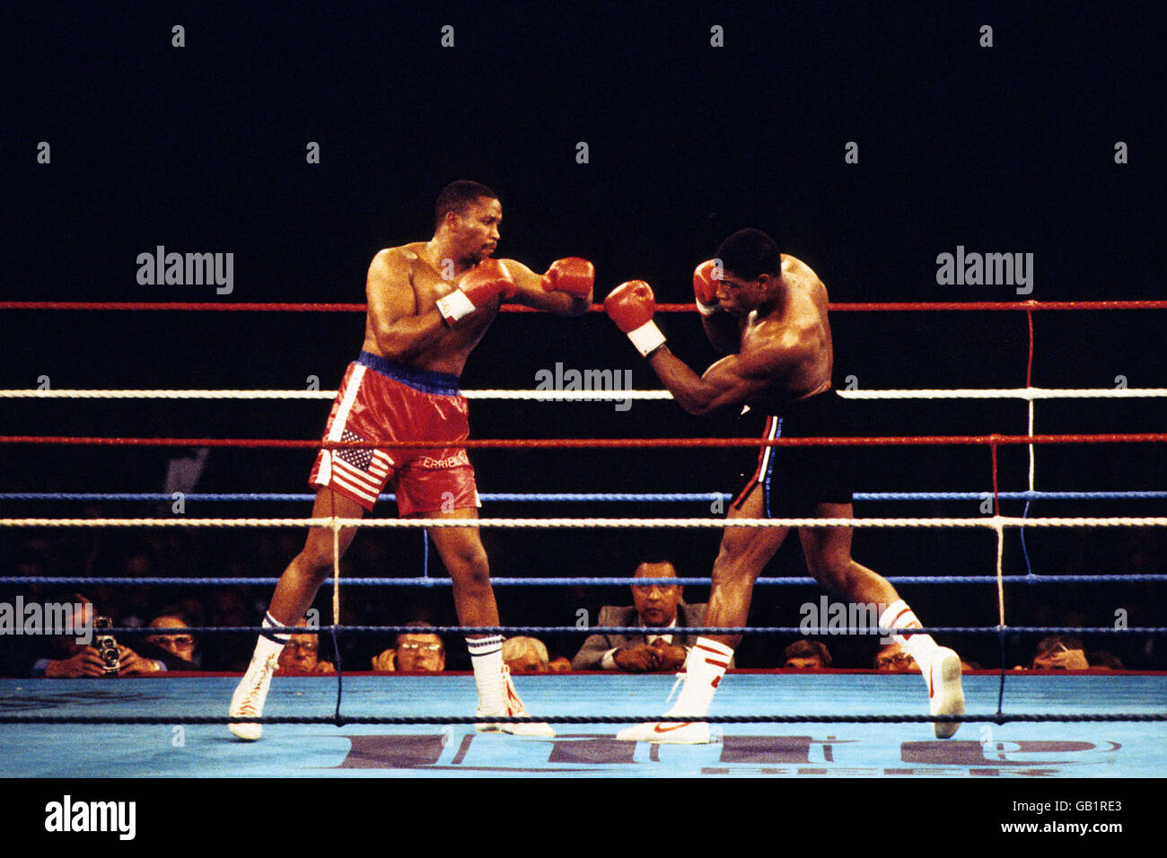Action from the bout between Tim Witherspoon and Frank Bruno. Witherspoon went on to defeat Bruno in the 11th round to retain his WBA title belt at Wembley Stadium. Stock Photo