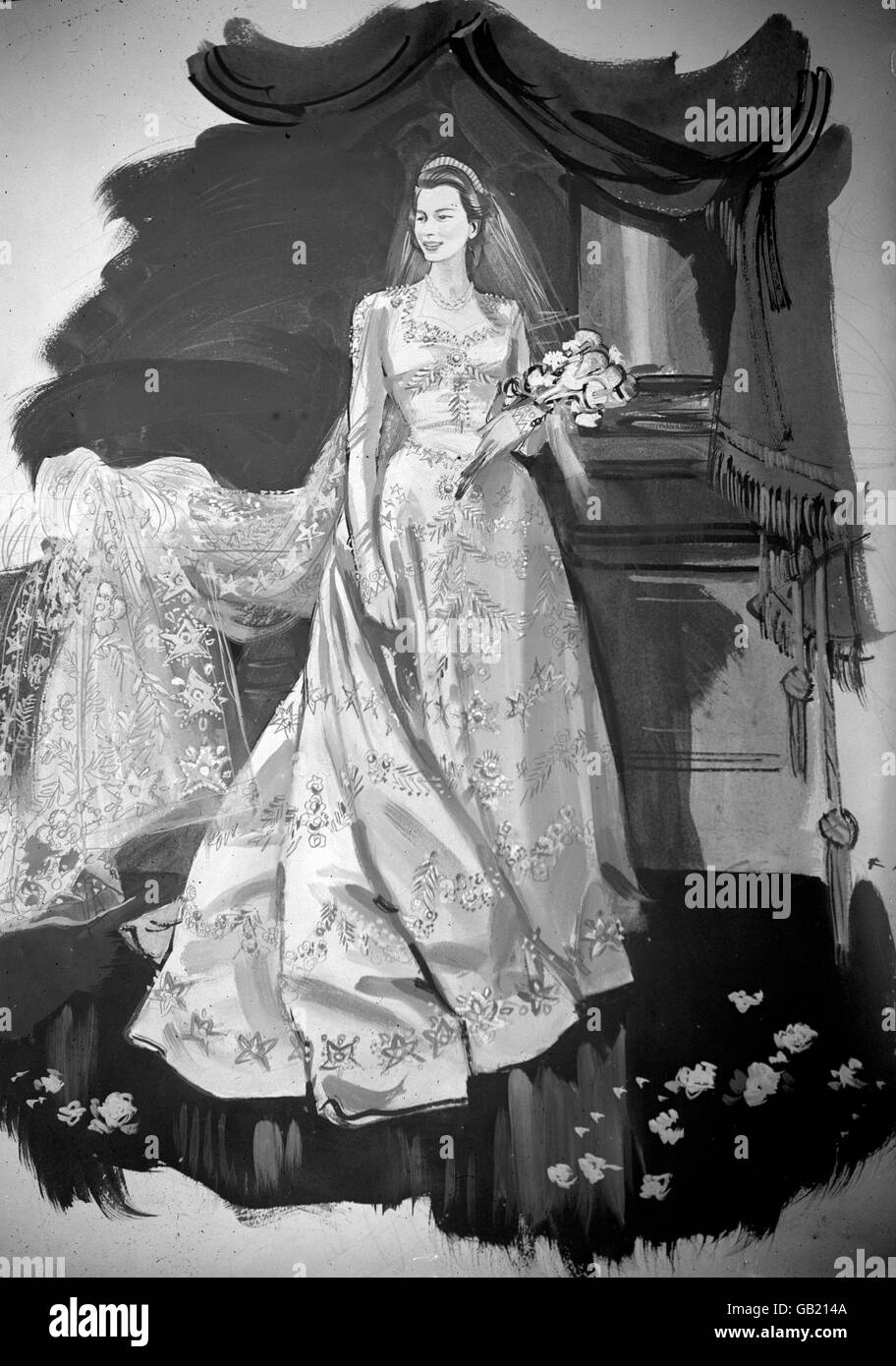 An artist's impression of Princess Elizabeth's wedding gown designed by Norman Hartnell for the wedding of Princess Elizabeth and Lieut. Phillip Mountbatten RN. It is a gown of ivory duchesse satin, cut on classic lines, with fitted bodice, long tight sleeves and full falling skirt. Stock Photo