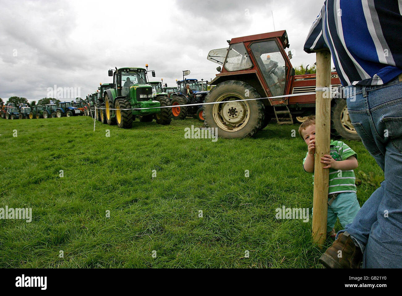 Hundreds of tractors spell out the words 'No Pylons' in Kilmainham Wood, Co. Meath, in a protest over planned pylons carrying electric cables over farmland, citing the health risks as being too great. Stock Photo