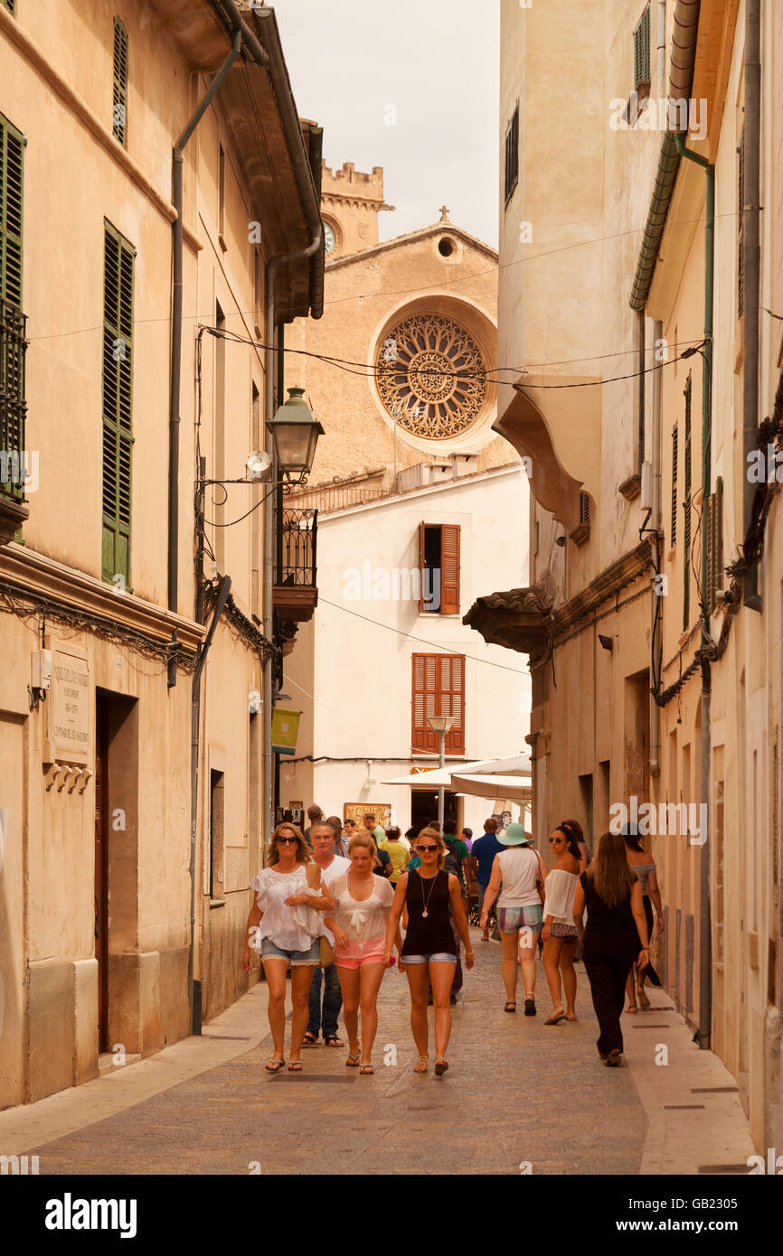 people in Pollensa ( Pollenca ) old town centre, north Mallorca ( Majorca ), Balearic Islands, Spain Europe Stock Photo