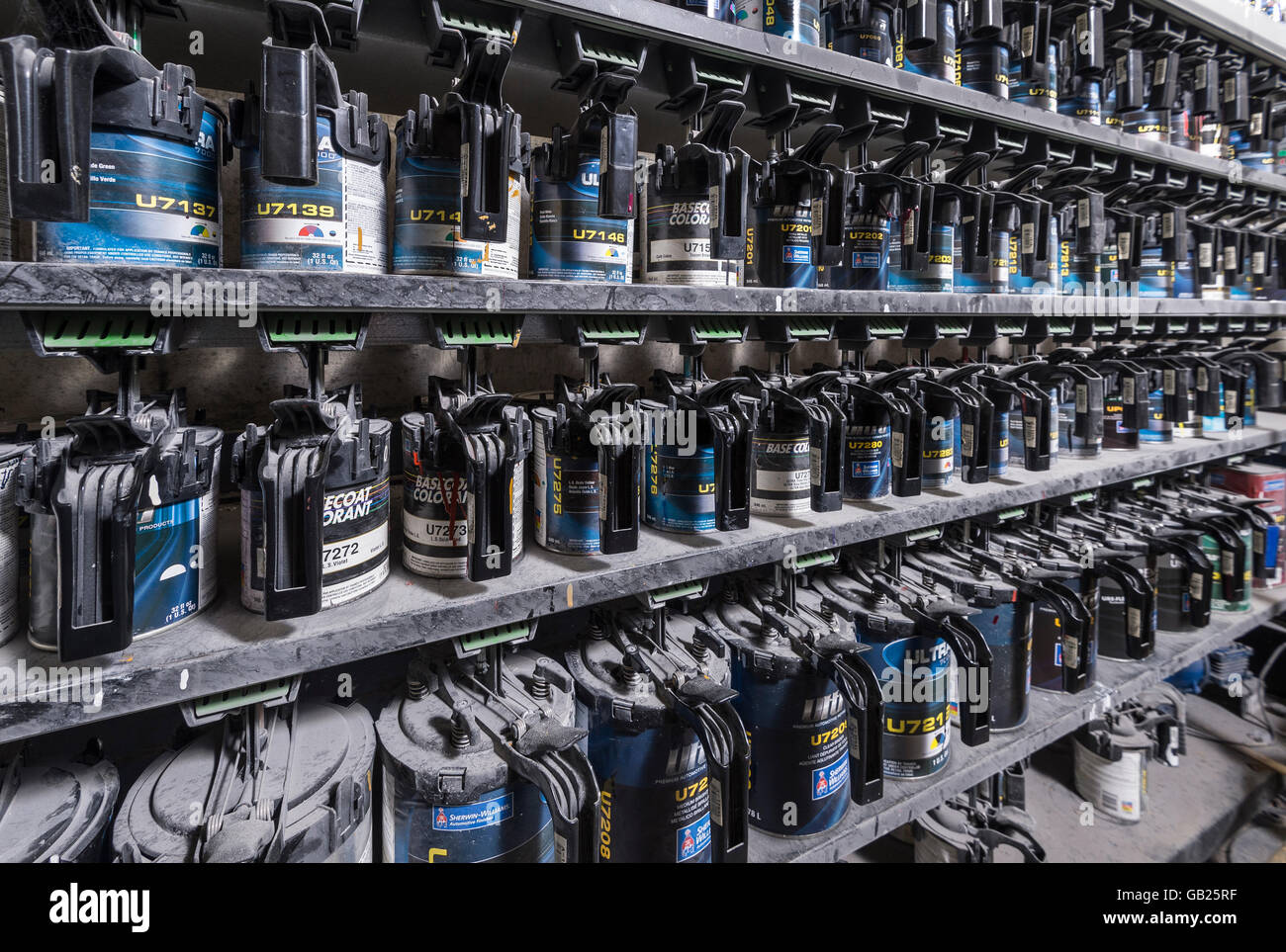 Paint Cannisters In Auto Body Paint Shop Stock Photo