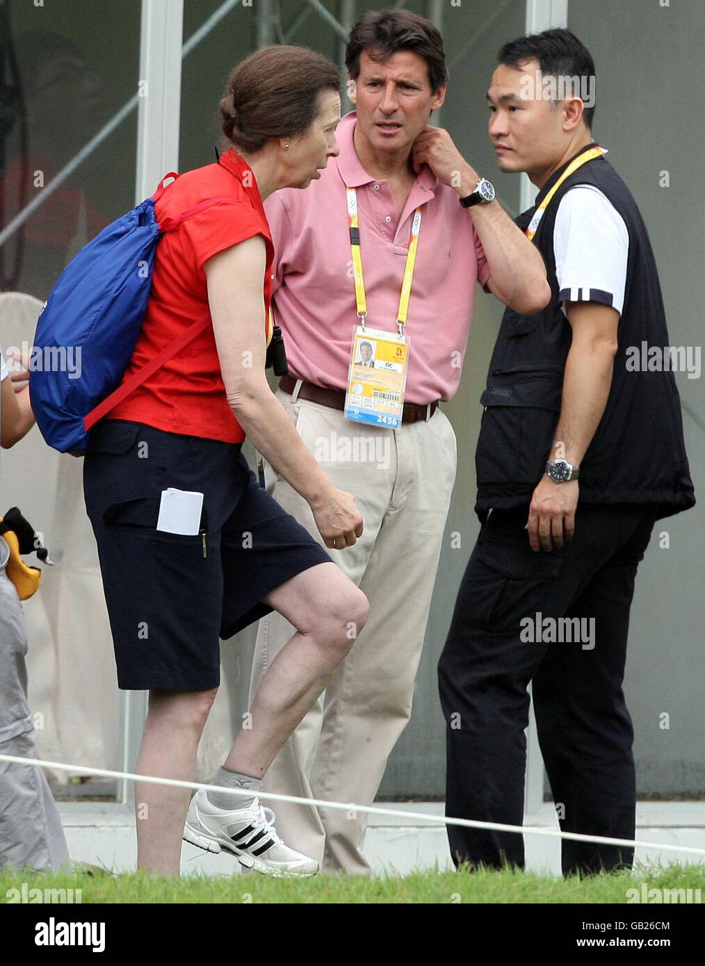 Princess Anne with Seb Coe at the Shatin Equestrian centre, Hong Kong, during the 2008 Beijing Olympic Games. Stock Photo