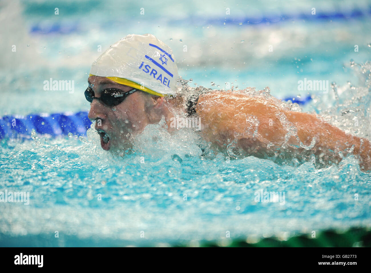 Israel's Alon Mandel in action in the Men's 200m Butterfly heats at Beijing's National Aquatic Center Stock Photo