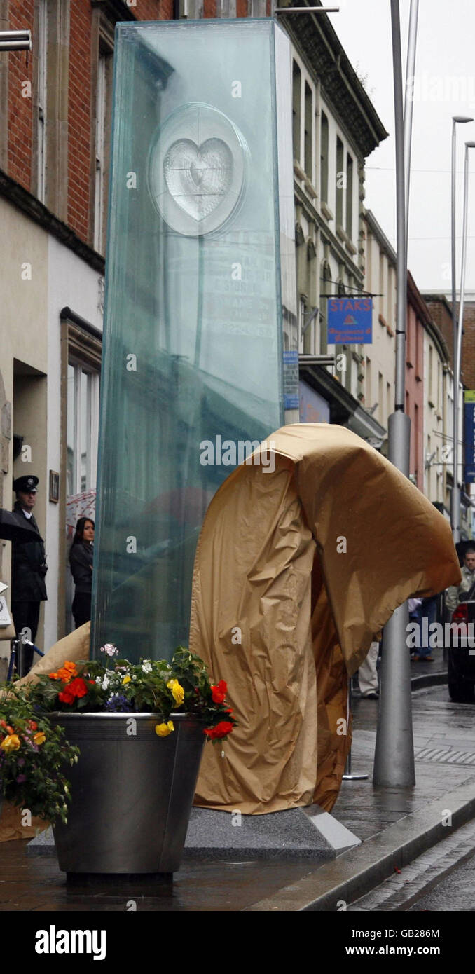 A memorial is unveiled at the site of the 1998 Omagh bomb, in Northern Ireland. Stock Photo