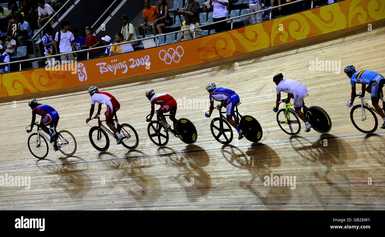 Cyclists warm up for Saturday's competition at the Laoshan Velodrome during the 2008 Beijing Olympic Games in China. Stock Photo