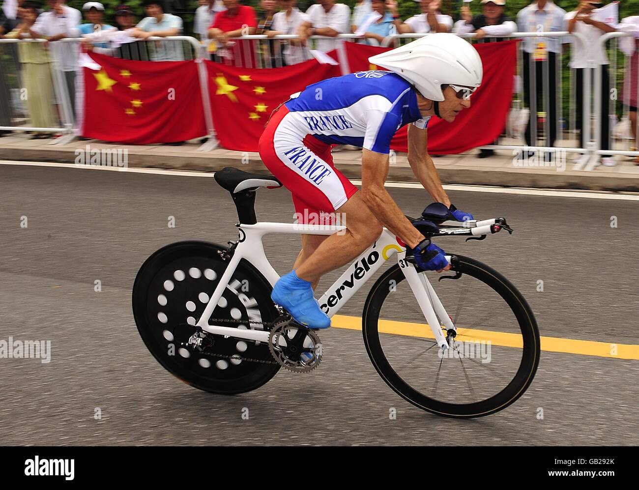 France's Jeannie Longo-Ciprelli competes in the Women's Individual Time Trial on the Cycling Road Course on Day 5 of the 2008 Olympic Games in Beijing. Stock Photo