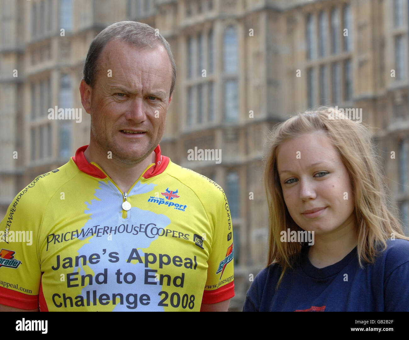 Rebecca and Mike Tomlinson, daughter and husband of the late Jane Tomlinson, in Westminster, London, as they set off from the City to complete their ride from John O'Groats to Lands End. Stock Photo