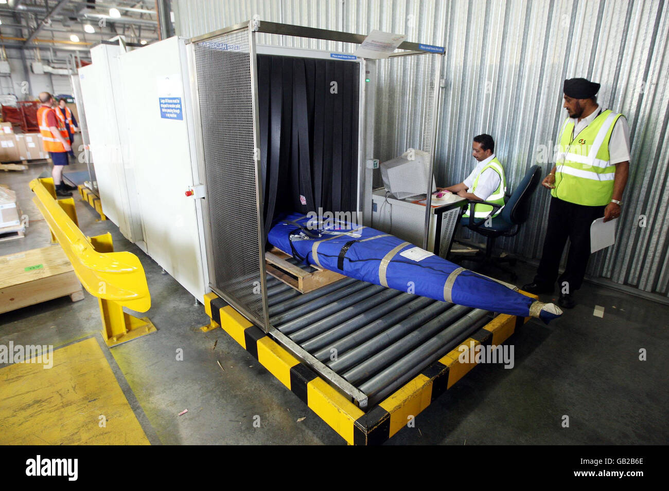 One of the Great British Olympic team's canoes is x-rayed before being loaded into crates at British Airways' World Cargo centre at Heathrow Airport. Stock Photo