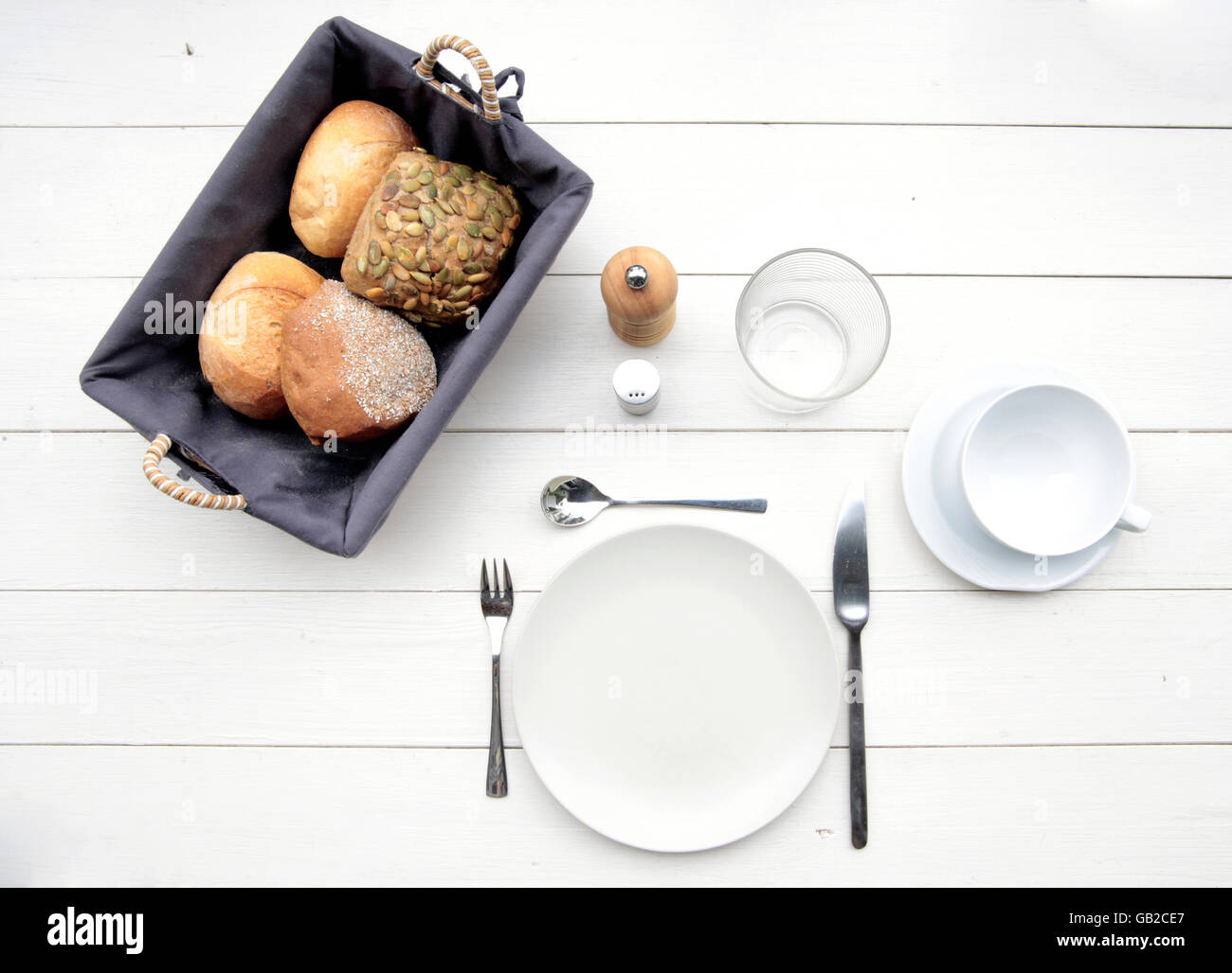 delicate breakfast at a white table with different ingredients Stock Photo