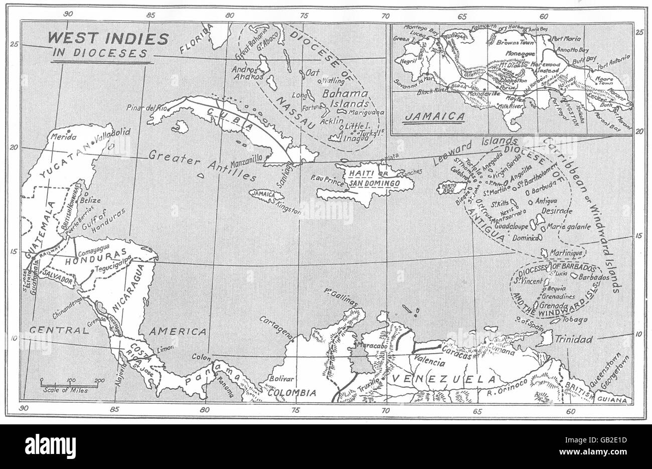 WEST INDIES: West Indies in Dioceses; USA Bishoprics Church of England, 1922 map Stock Photo
