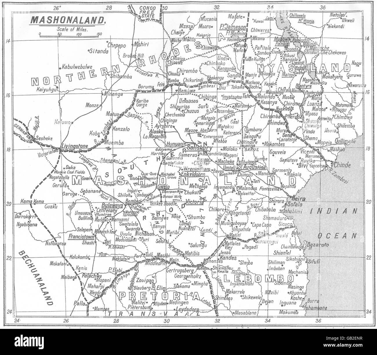 ZIMBABWE: Mashonaland; Diocese of; International Boundaries Diocesan, 1922 map Stock Photo