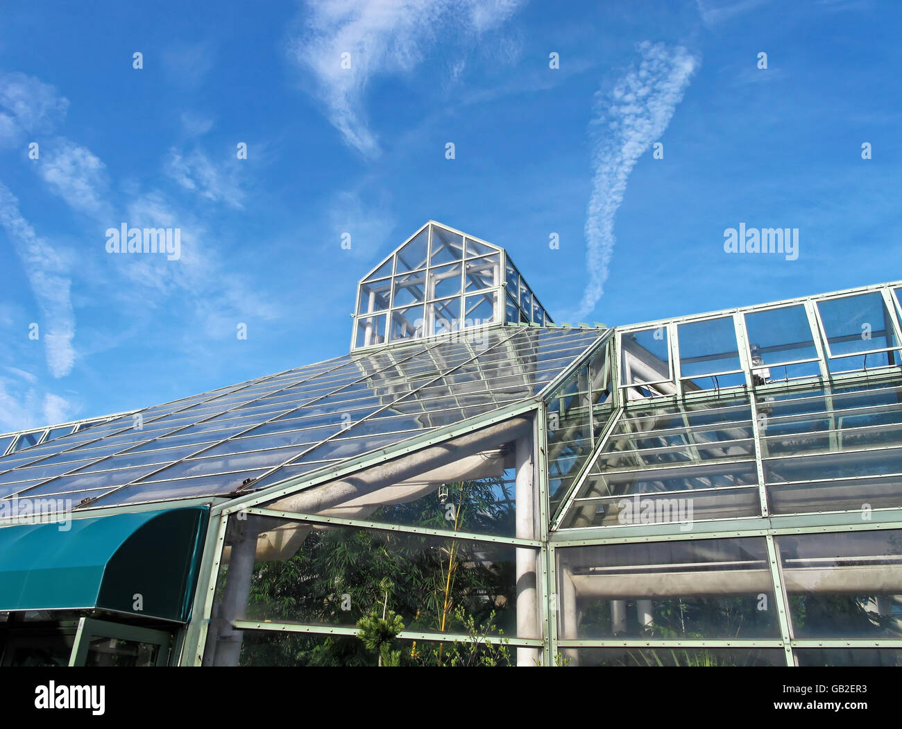 Greenhouse at the Brooklyn Botanic Gardens against a deep blue sky