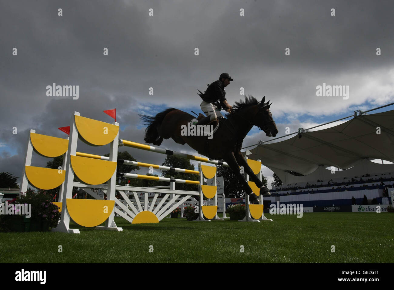 Jockey Dermot Lennon riding Lanceretto in the Irish Sports Council Classic at The Failte Ireland Dublin Horse Show that gets under way at the RDS Showgrounds. The show runs from August 6-10 and includes the Aga Khan Challenge Trophy on Friday Evening. Stock Photo