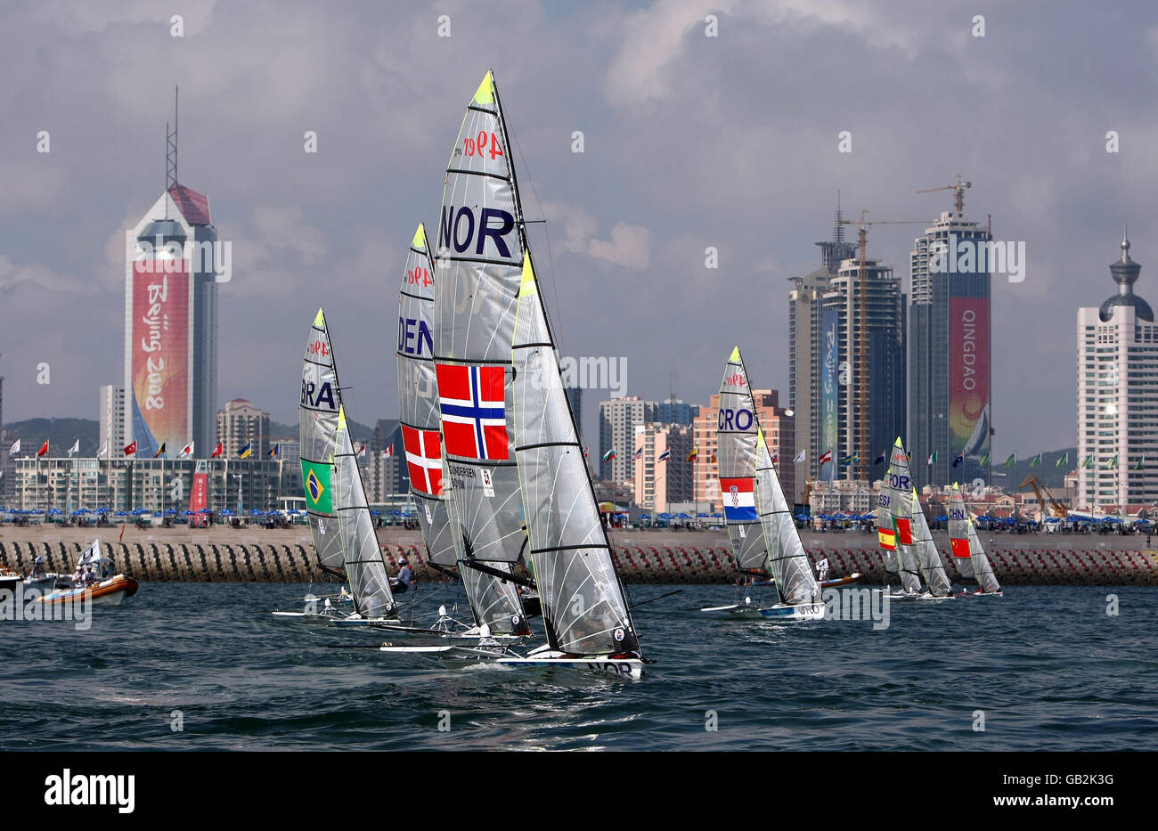 Olympics - Beijing Olympic Games 2008 - Day Two. The 49er fleet sets off on its third race at the 2008 Beijing Olympic Games' Sailing Centre at Qingdao, China. Stock Photo