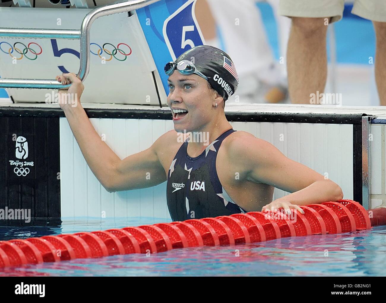 USA's Natalie Coughlin celebrates after winning the Women's 100m Backstroke Final during the 2008 Olympic Games in Beijing. Stock Photo