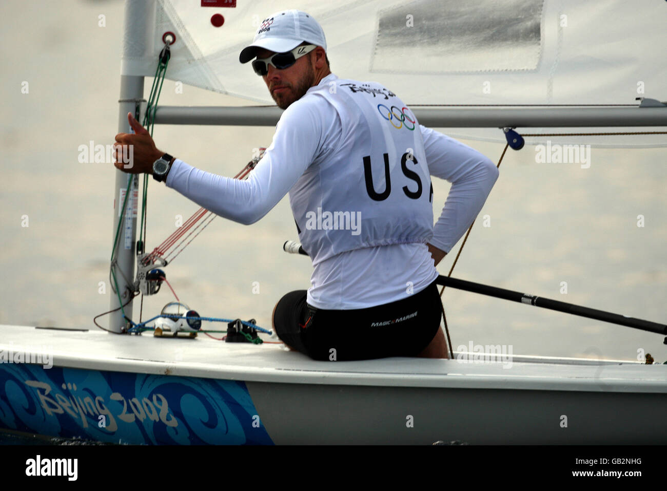 Olympics - Beijing Olympic Games 2008 - Day Five. USA's andrew Campbell wins the third round of the Laser during today's events on the water in the Beijing Olympic regatta off Qingdao. Stock Photo