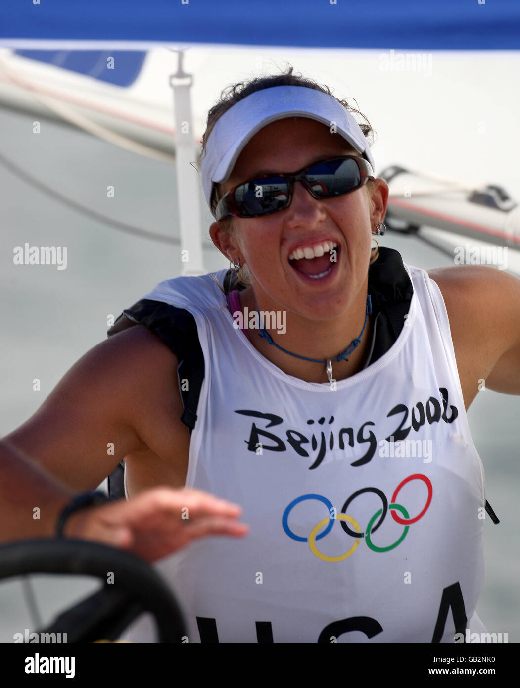 Event leader USA's Anna Tunnicliffe before the third round of the Laser  Radial during today's events on the water in the Beijing Olympic regatta  off Qingdao Stock Photo - Alamy