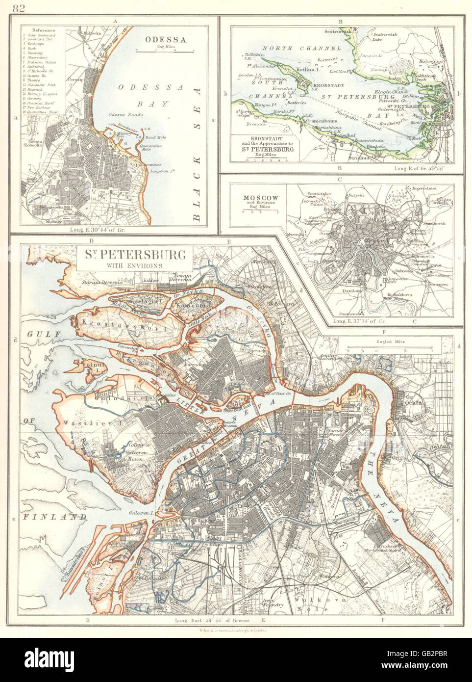 RUSSIA: St. Petersburg; Odessa; Kronstadt; Moscow, 1897 antique map Stock Photo