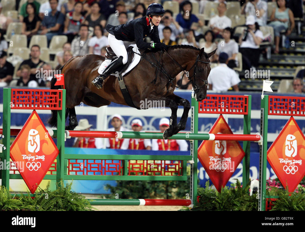 Great Britain's Tina Cook on Miners Frolic during the individual show jumping final at the Shatin Equestrian centre, Hong Kong, during the 2008 Beijing Olympic Games in China. Stock Photo