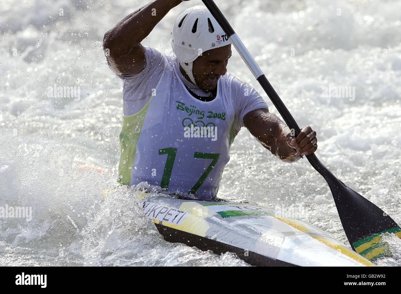 Togo's Benjamin Boukpeti during the kayak (K1) men's semifinal at the Rowing-Canoeing Park in Beijing, China during the 2008 Beijing Olympic Games. Boukpeiti went on to win the bronze medal in this event, Togo's first ever olympic medal. Stock Photo