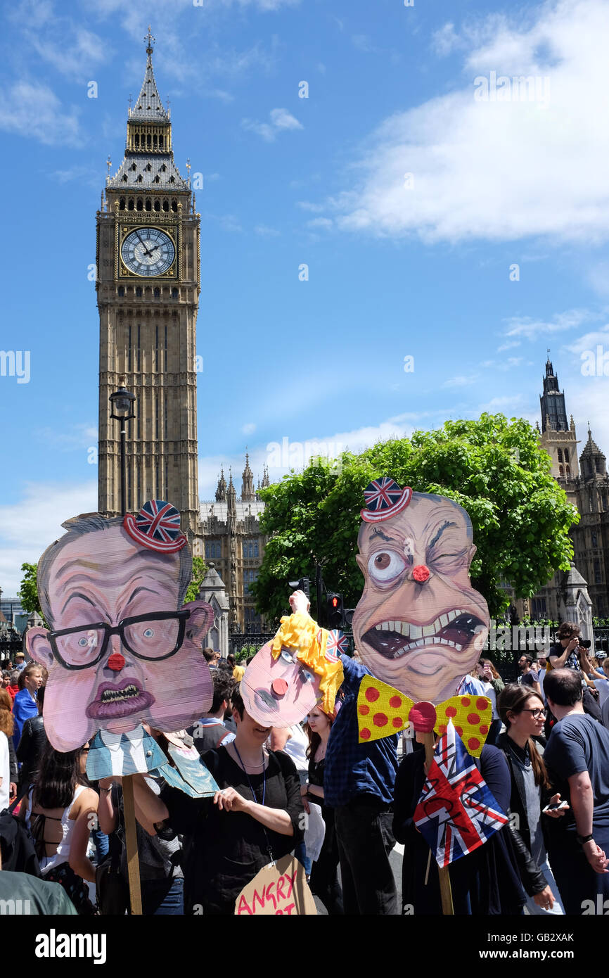 Caricatures of (left to right) Michael Gove, Boris Johnson, and Nigel Farage at an anti-Brexit protest in London in July, 2016. Stock Photo