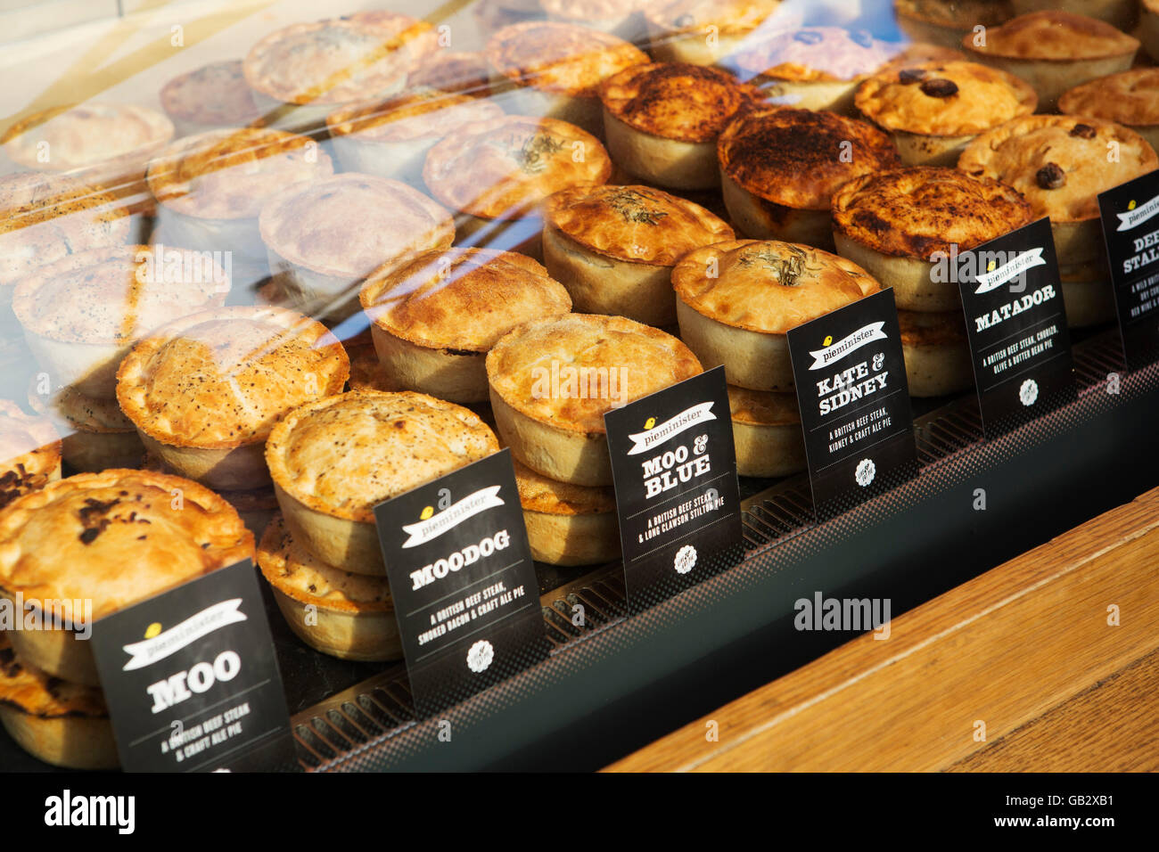 Pies for sale at Borough Market in London, England. The pies have a