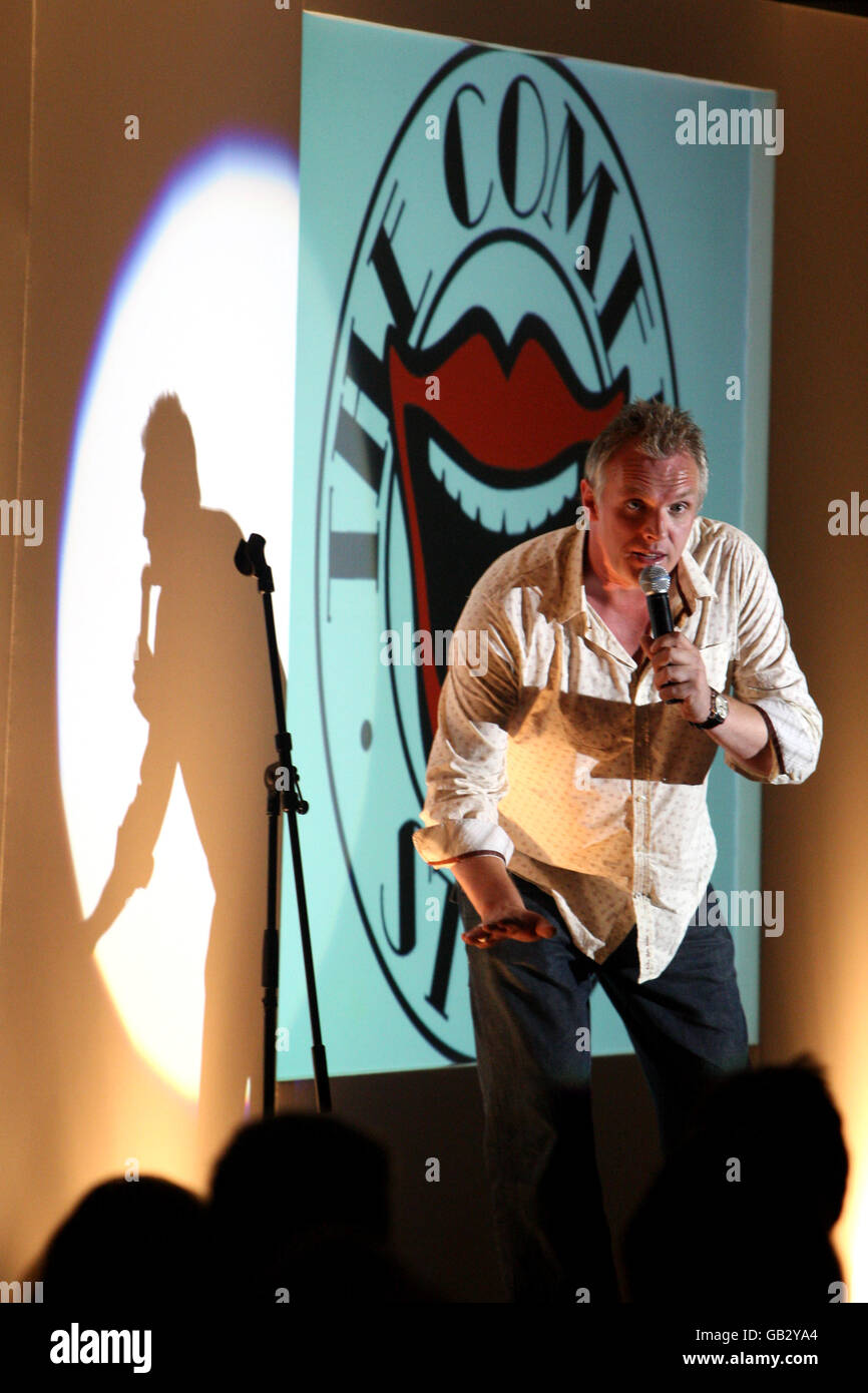 Comedian Greg Davies during his routine in the Esher Hall at Sandown Park Stock Photo