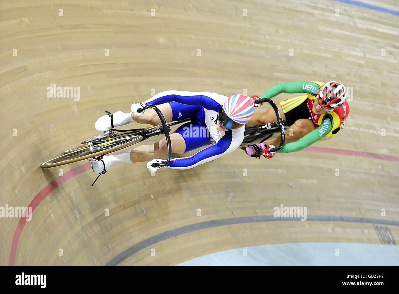 Great Britain's Victoria Pendleton (left) and Lithuania's Simona Krupeckaite during the Women's Sprint Quarterfinals at the Laoshan Velodrome during the 2008 Beijing Olympic Games in China. Stock Photo