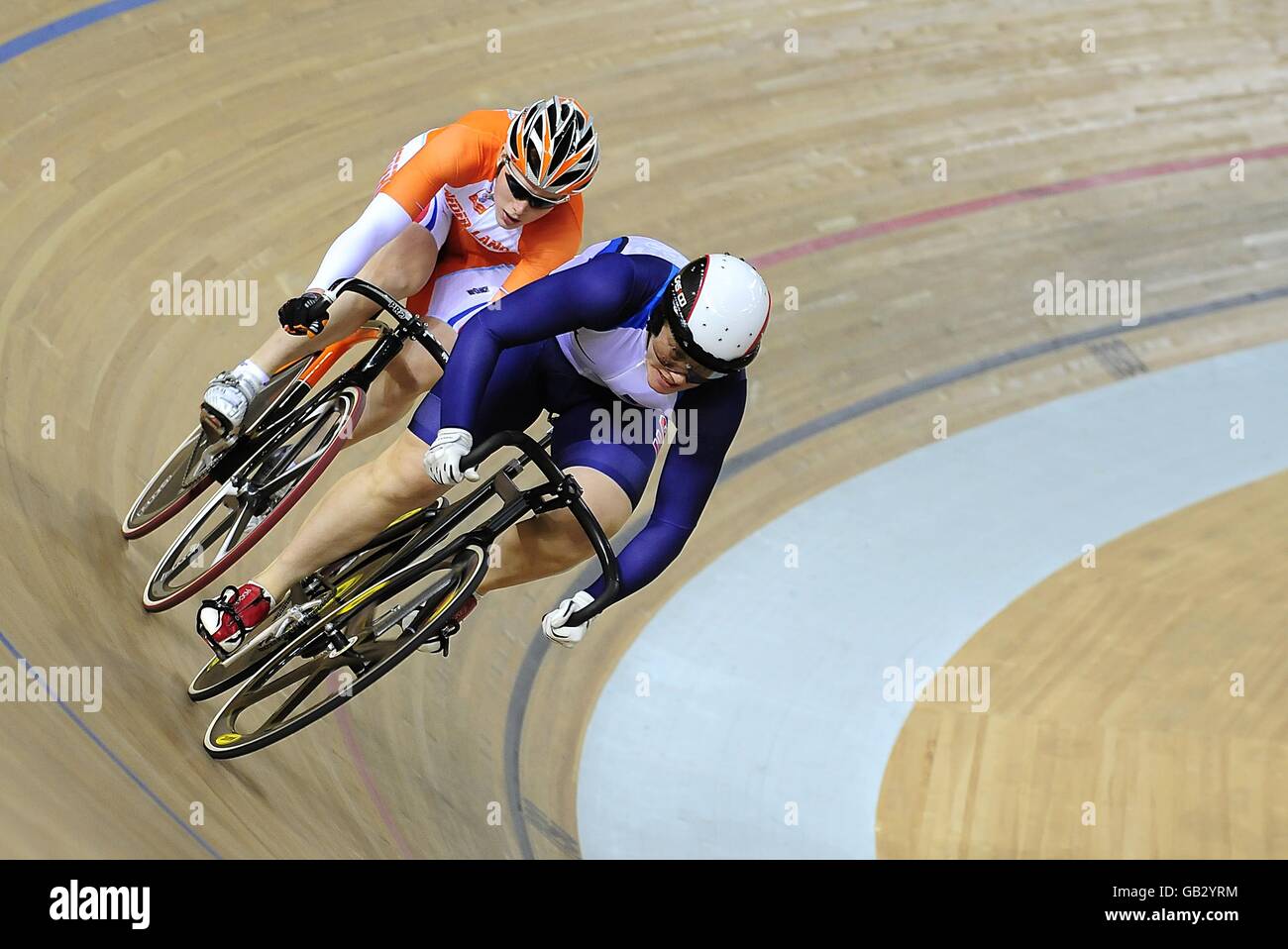 USA's Jennie Reed (right) and Netherland's Willy Kanis during the Women's Sprint Quarterfinals at the Laoshan Velodrome during the 2008 Beijing Olympic Games in China. Stock Photo