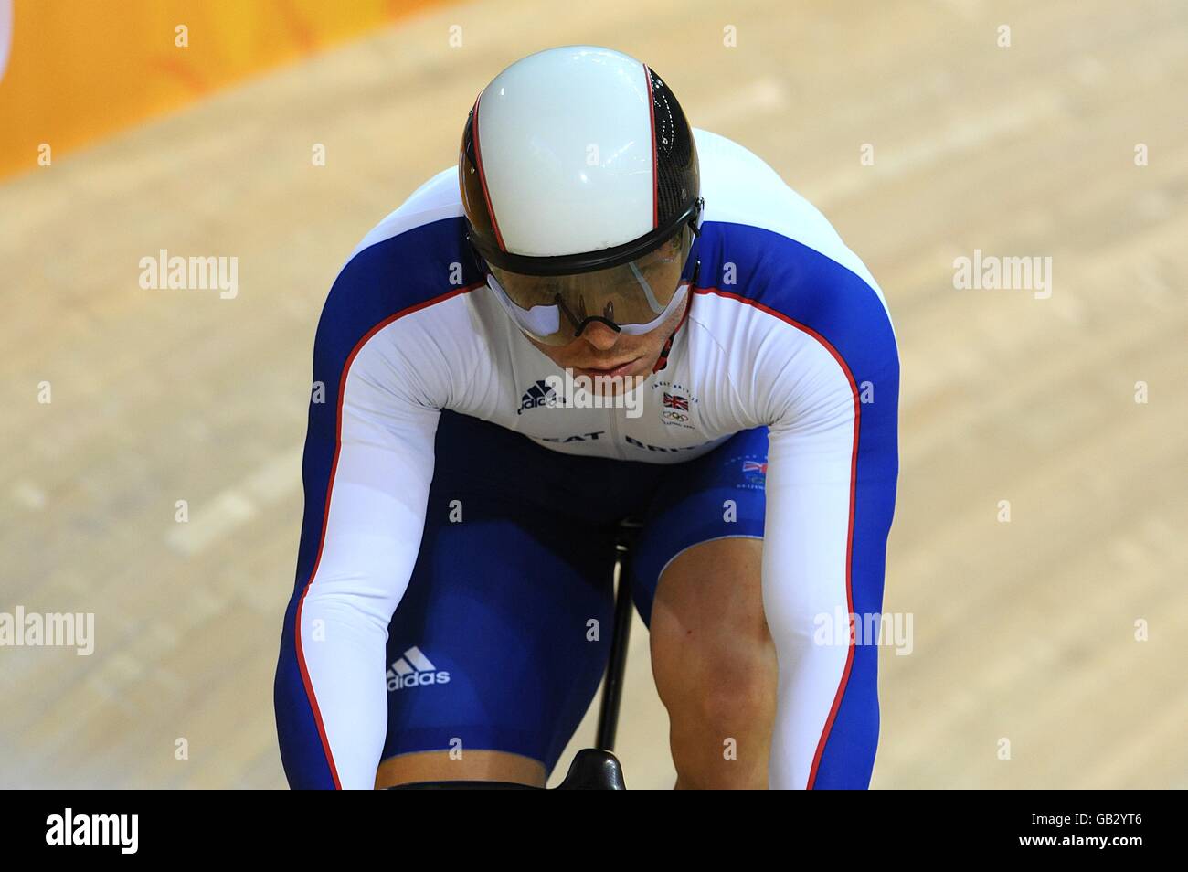 Great Britain's Chris Hoy during the Men's Sprint at the Track Cycling Course at the Laoshan Velodrome during the 2008 Beijing Olympic Games in China. Stock Photo