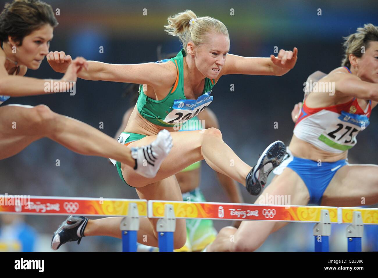 Ireland's Derval O'Rourke competes in the Women's 100m Hurdles Round 1 - Heat 2 at the National Stadium during the 2008 Olympic Games in Beijing. Stock Photo