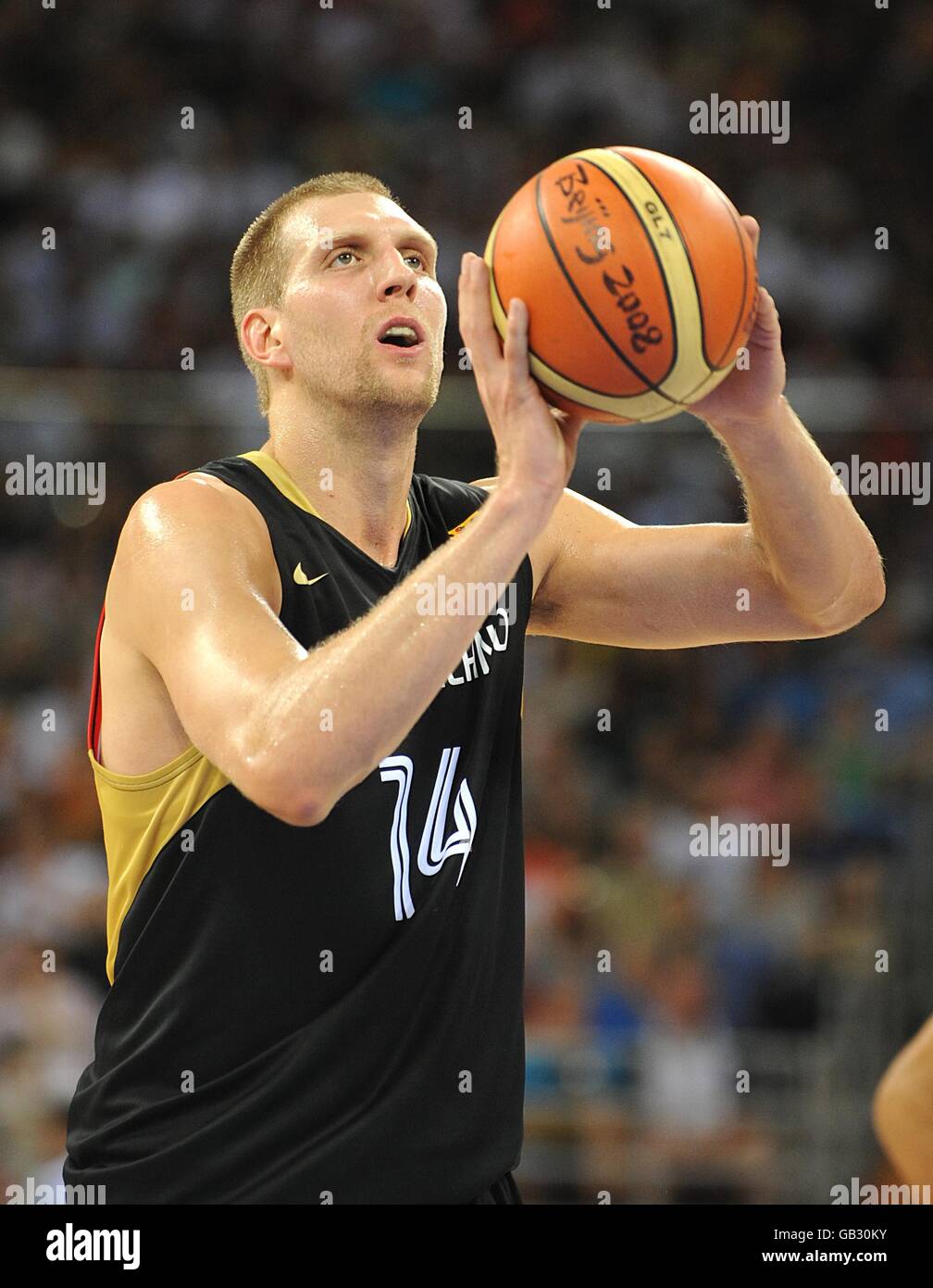Gewrmany's Dirk Nowitzki in action during the Men's Preliminary Round Group B match against the USA at the Olympic Basketball Arena on day 10 of the 2008 Olympic Games in Beijing. Stock Photo