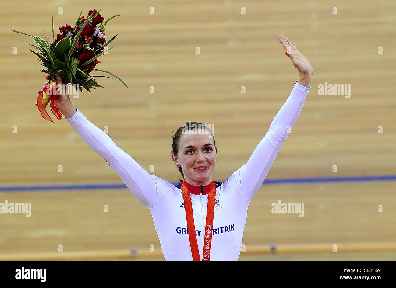 Great Britain's Victoria Pendleton celebrates after winning the gold Medal in the Women's Sprint Finall at the Laoshan Velodrome at the 2008 Beijing Olympic Games in China. Stock Photo