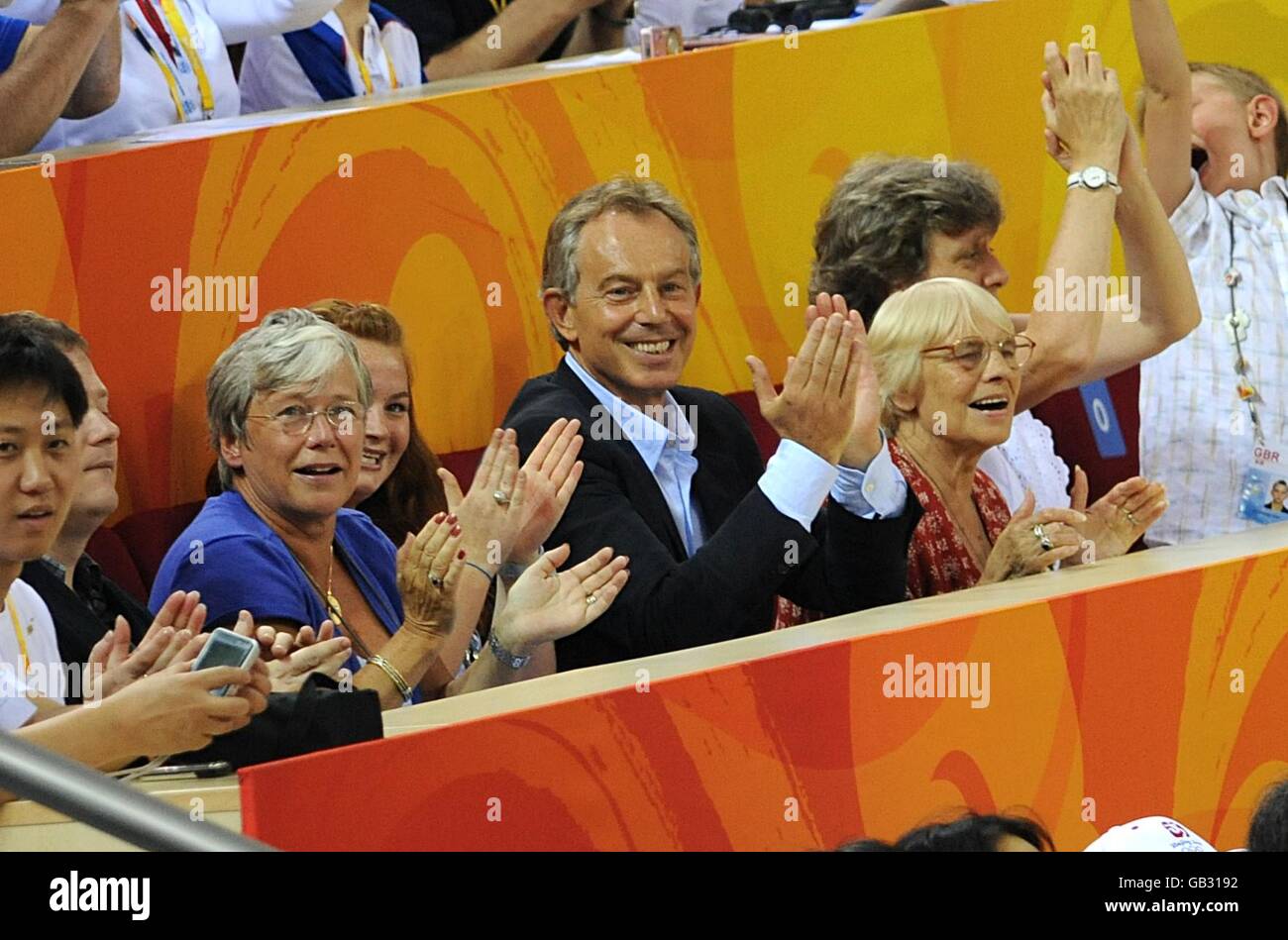 Former prime minister Tony Blair with daughter Kathryn support UK Cyclist team during the Beijing Olympic Games 2008, China Stock Photo
