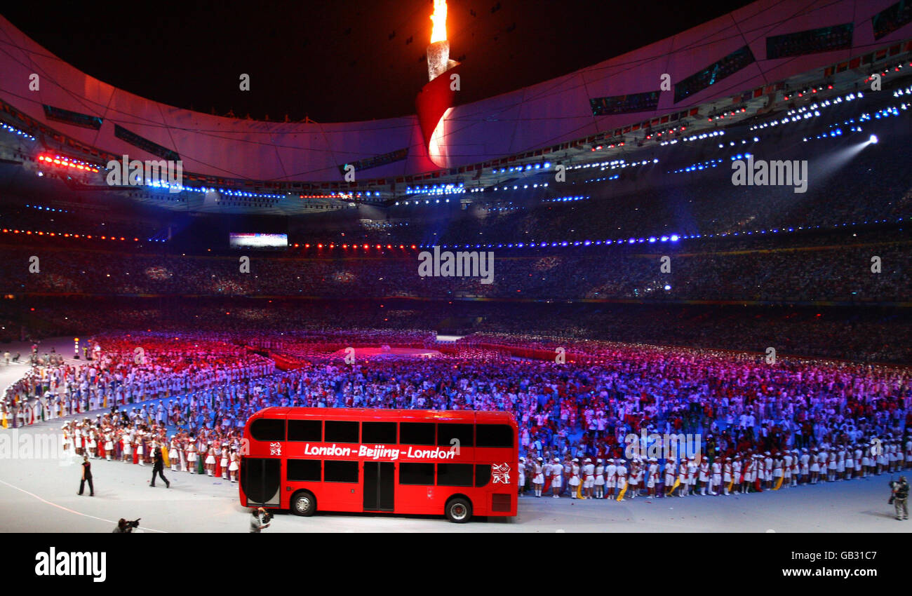 A double decker bus arrives at the National Stadium during the 2008 Beijing Olympic Games, China. Stock Photo