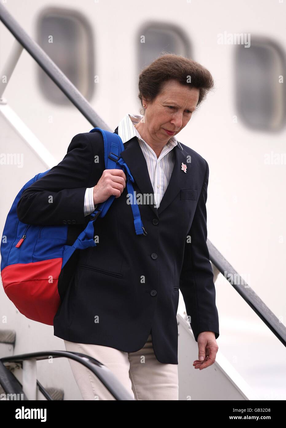 Princess Anne leaves the plane carrying the Great Britain Olympic team